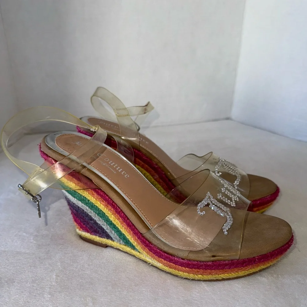 Juicy Couture Rainbow Espadrille Wedge Womens Sandals And Rhinestone Logo Sz 7.5